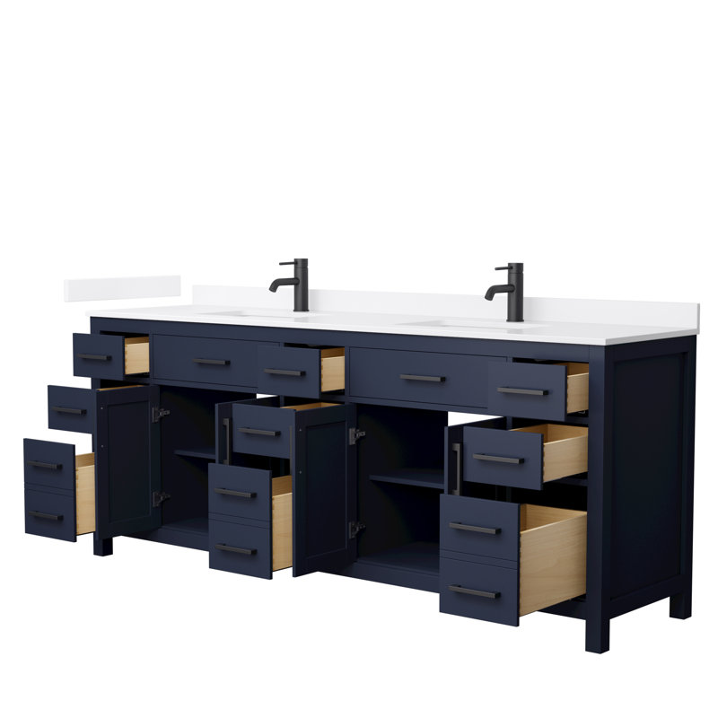 Beckett 84" Freestanding Double Bathroom Vanity with Quartz Top, Dark Blue, Matte Black, White Quartz