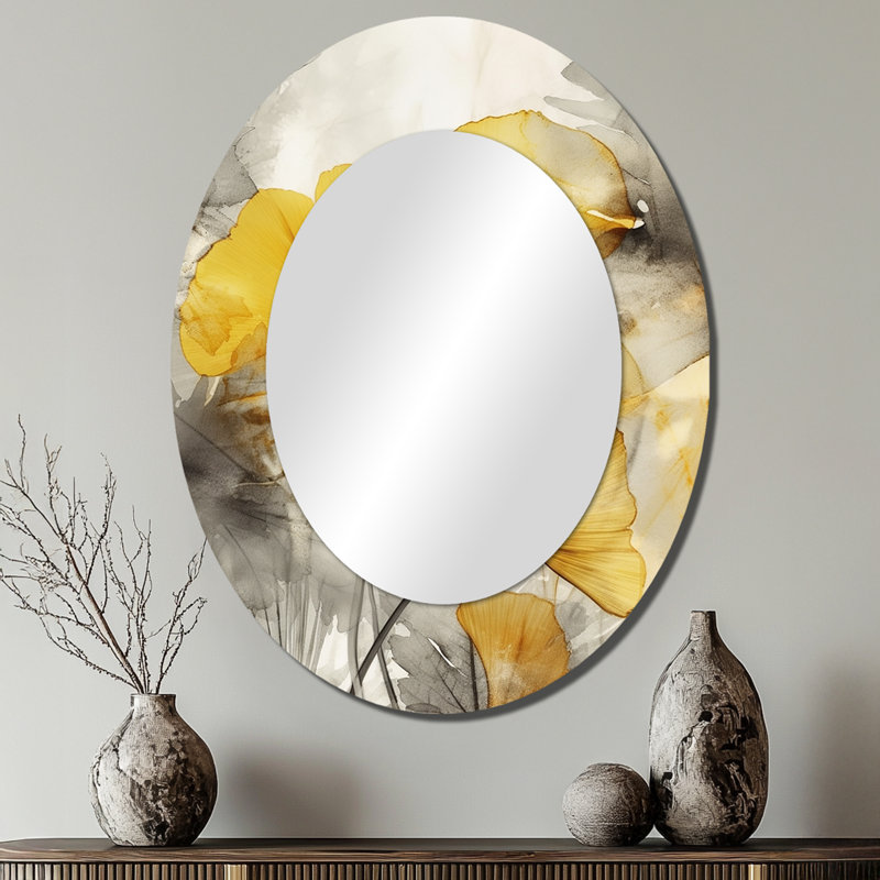 Palm Tropical Ginkgo Artwork III - Large Oval Wall Mirror On Metal, 40" x 30"