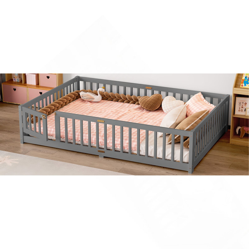 Lit grand format avec garde-corps et porte pour enfants, gris, Grand lit, Gris