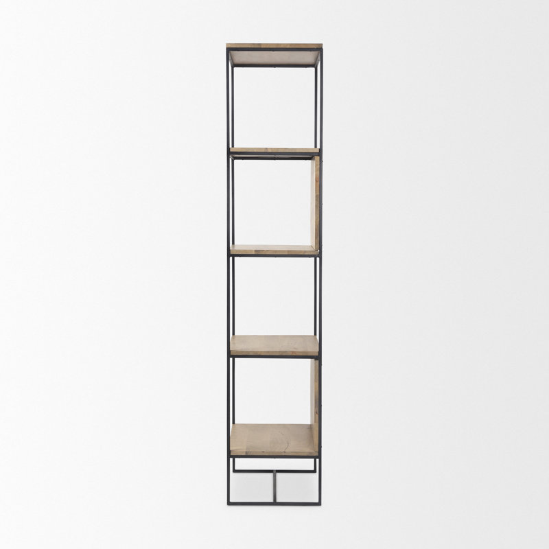 Beige and Black Wood and Iron Narrow Etagere Bookcase