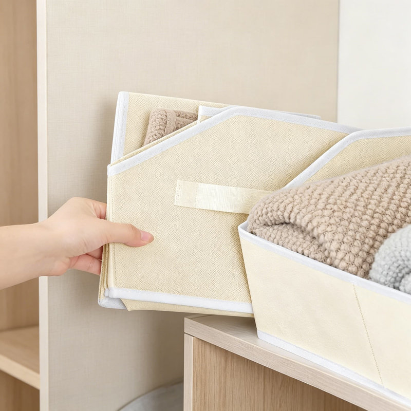 Large Trapezoid Storage Bins for Shelves, Fabric Closet Organizer Baskets with Handles, Collapsible Shelf Bins for Clothes, Towels, Purses, 6 Pack, Beige