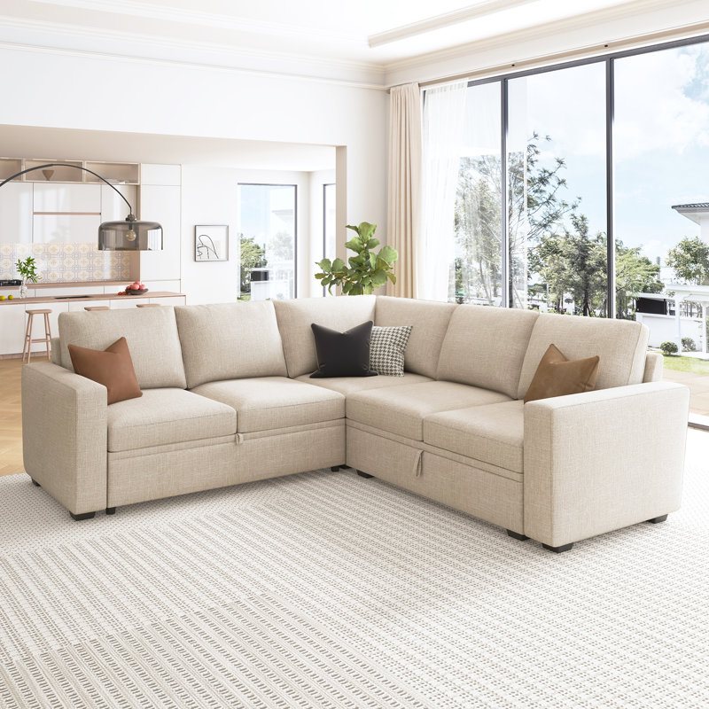 Niyona Modular Sleeper Sectional L Shaped Couch Sofa Bed With Storage Seat, Beige Polyester