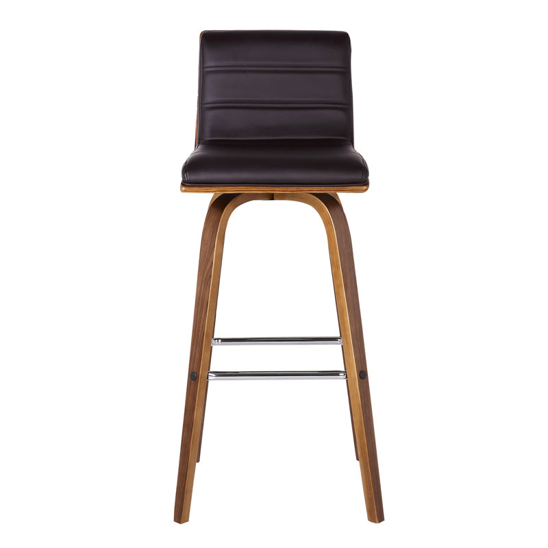 Vienna Mid-century Modern Swivel Counter or Bar Height Bar Stool in Faux Leather and Wood, Brown, 76.2cm, Walnut
