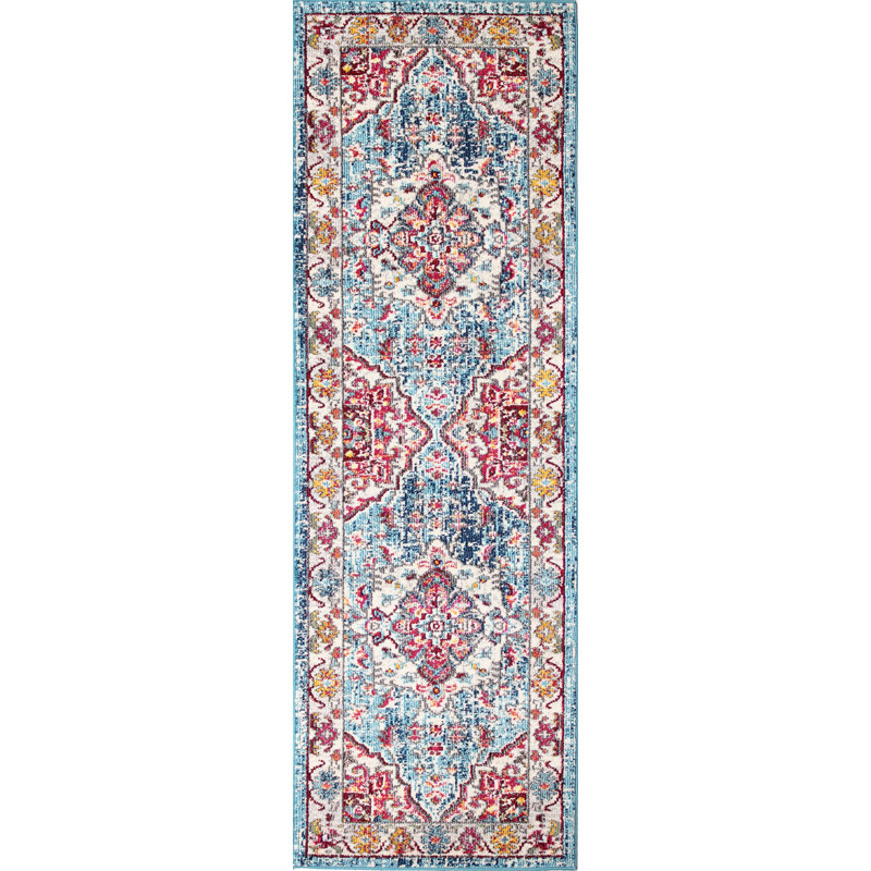 Olaughlin Power Loom Pink/Blue/Ivory Rug, Runner 76 x 244cm