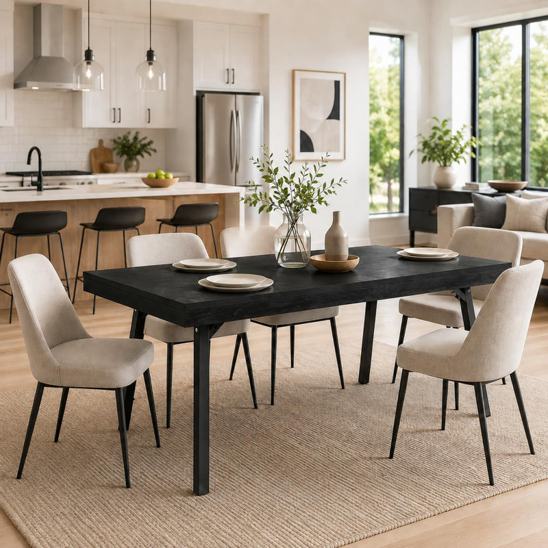 Table de salle à manger moderne rectangulaire aux bords arrondis, au design contemporain, idéale pour les repas en famille et au quotidien, noire.