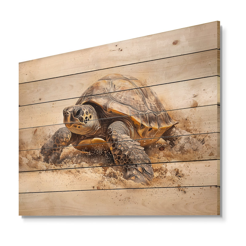 Minimal Turtle In The Sand - Art mural moderne sur bois de pin naturel, H 34 po x l 44 po