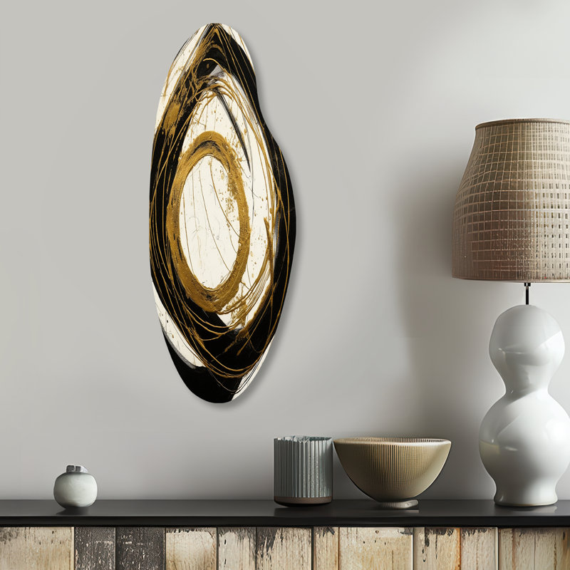 Black And Gold The Art Of Chaos III - Abstract Painting Asymmetrical Metal Wall Art, Black Curved Metal Art Print