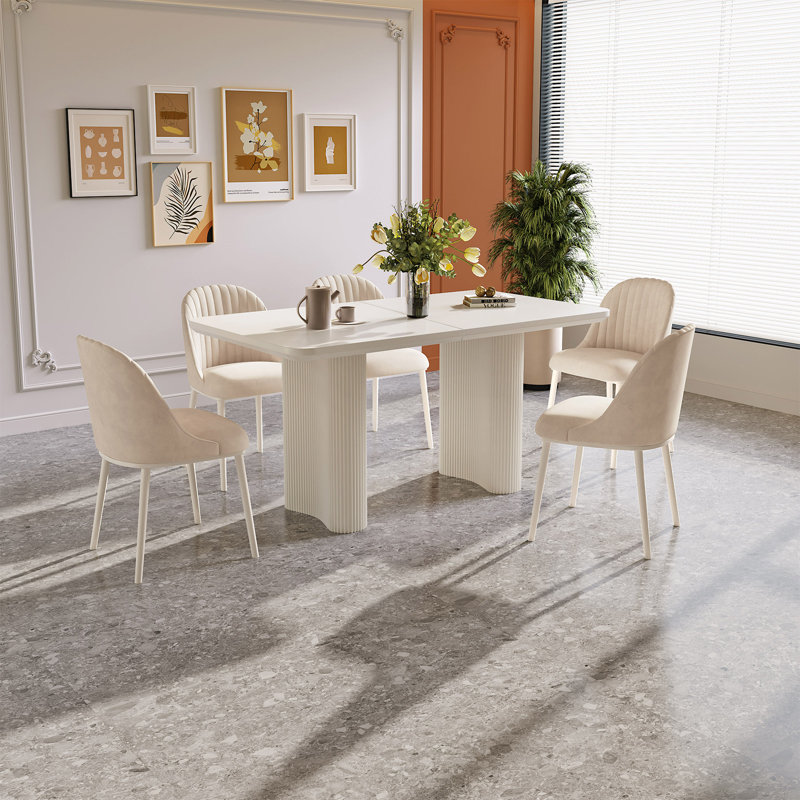55.11" Modern Cream White Dining Table Set With 6 Chairs For Kitchen, Bar, Living Room, 7 Pieces: Table, 6 Chairs