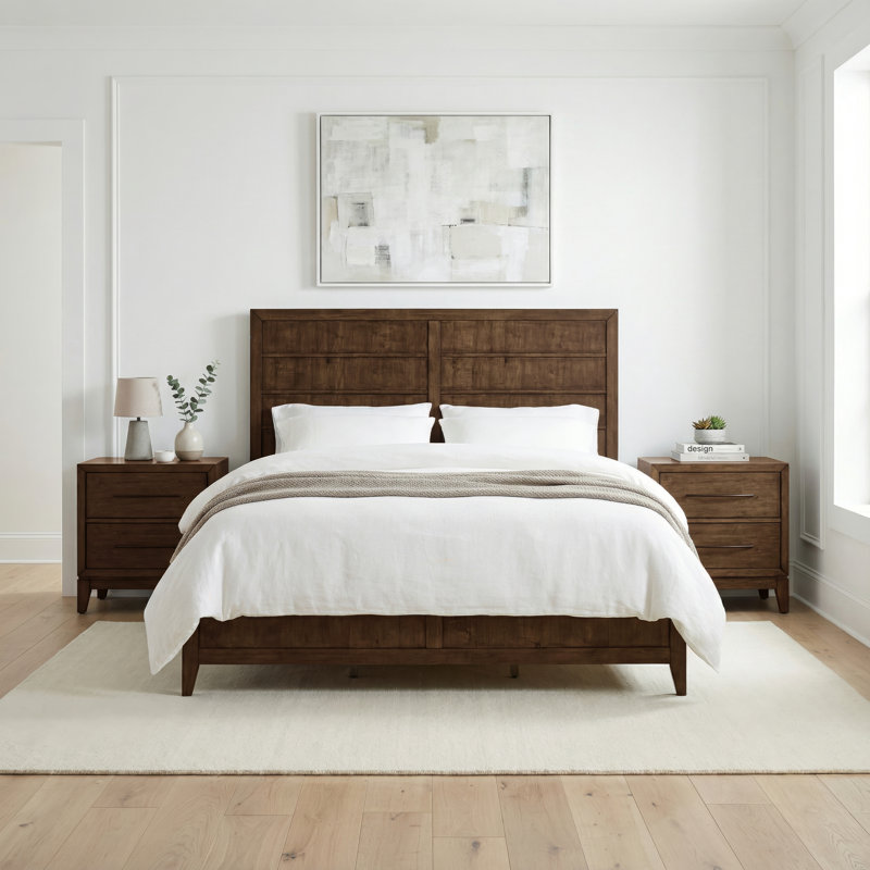Ensemble de lit grand et deux tables de chevet Hinkle, Grand lit