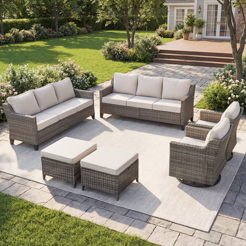 Arlene 8-10 Person Outdoor Patio Wicker Conversation Set With Swivel Chairs, Beige
