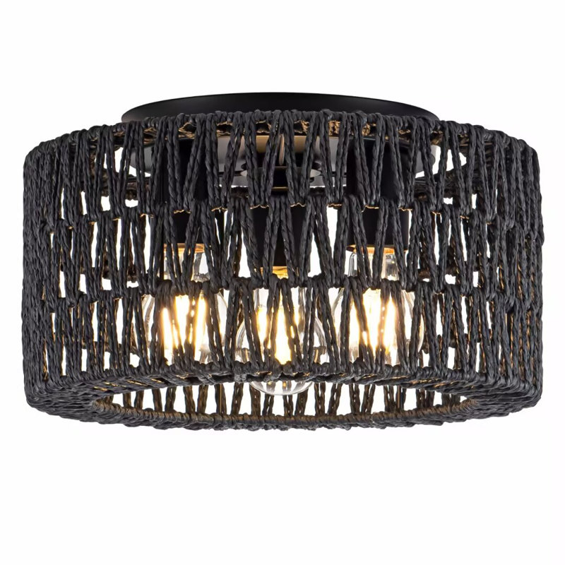 Plafonnier encastré 3 lumières en rotin, Noir, noir, noir, noir