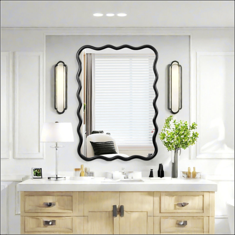 Élégant miroir rectangulaire ondulé en bois massif pour une décoration murale polyvalente dans plusieurs pièces, Noir antique