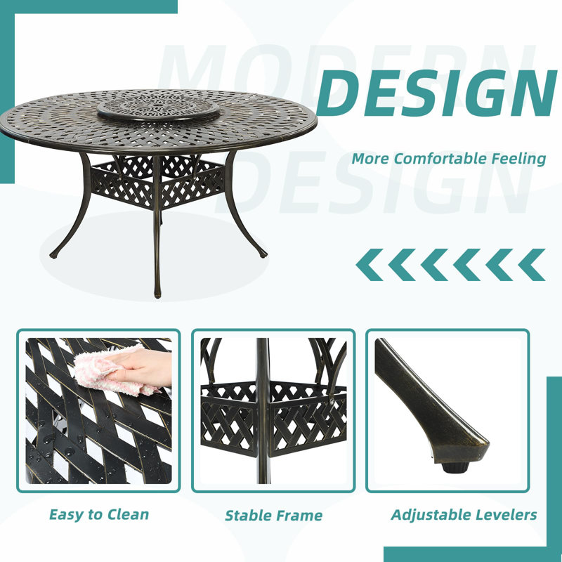 Meetwarm Outdoor 61" Round Patio Dining Table With Detachable Lazy Susan, All Weather Cast Aluminum Large Patio Furniture Table Set For 8 Seat With Rotating Tray, Umbrella Hole, Dark Bronze