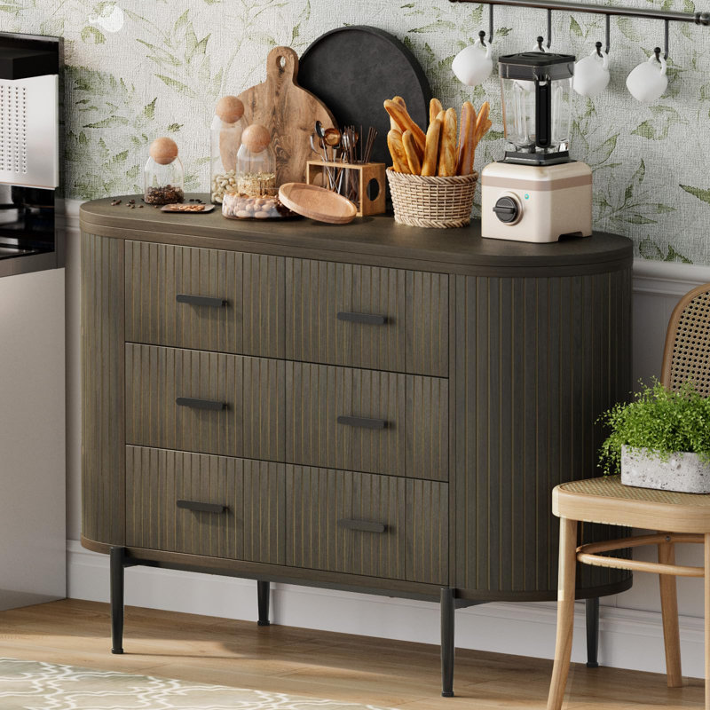 47.2" Fluted 6 Drawer Dresser, Mid Century Modern Wood Chest with Curved Design & Gold Handles, Walnut