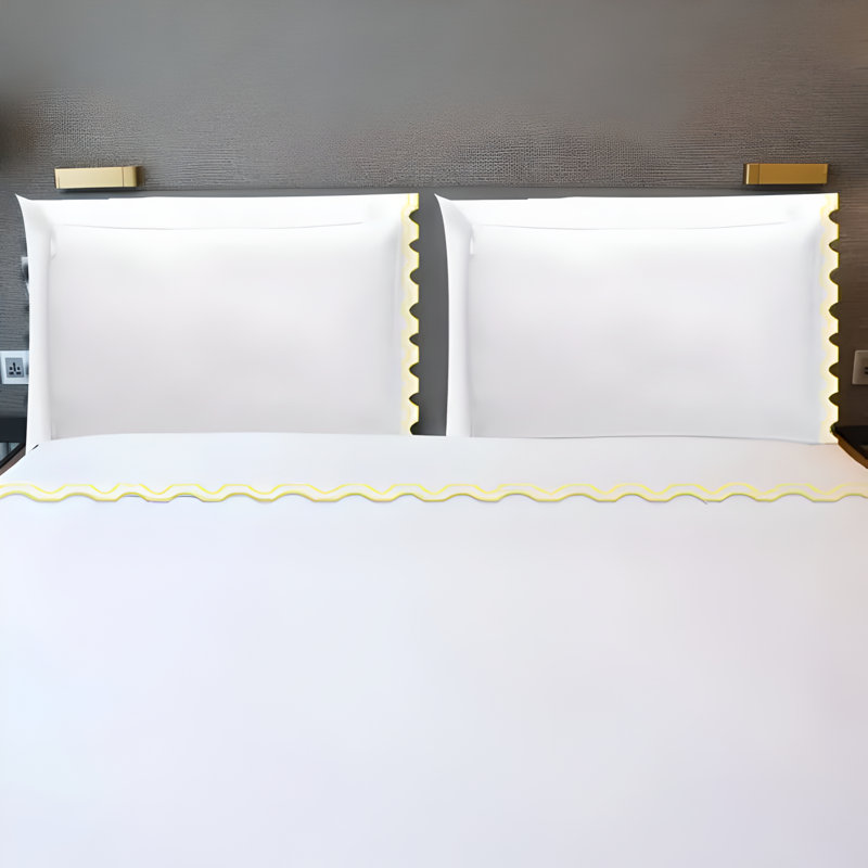 400TC Zig & Zag U Shape Scallop Embroidery Cotton 4 Piece Sheet Set Fitted Sheet Fits Upto 16" Deep Pocket, Yellow/White