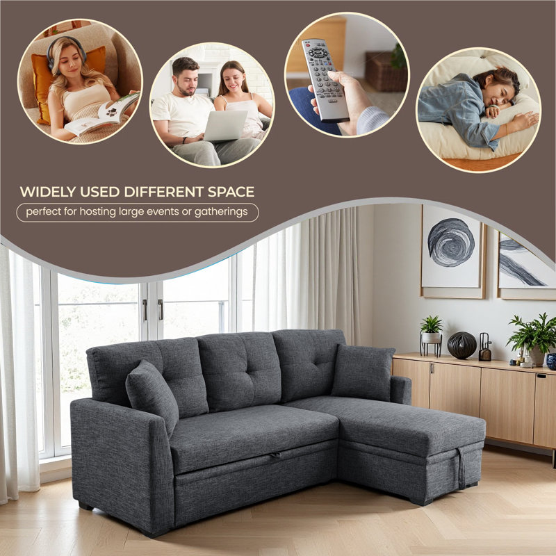 Modular Sleeper Sectional Sofa With Storage, Gray Polyester