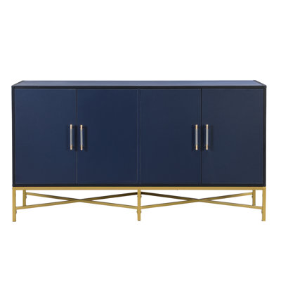  Four-Door Sideboard with Metal Cross-Leg Design for Living Rooms or Entrances, Spacious Storage Cabinet with Modern Elegance, Navy Blue