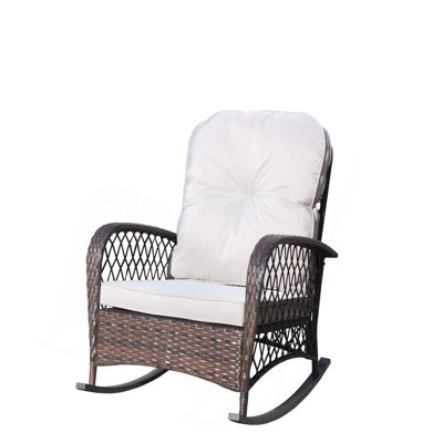 Chaise berçante d'extérieur en osier avec assise large, coussin épais et moelleux, chaise berçante en rotin avec structure en acier, capacité de poids élevée pour le patio, le jardin et la cour