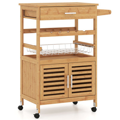 Bamboo Rolling Kitchen Island Trolley with Storage Cabinet & Wine Rack
