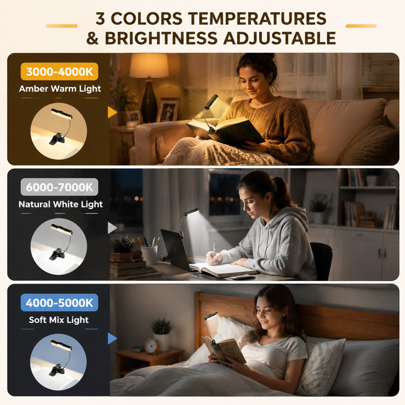 Lampe de lecture portable rechargeable à DEL avec pince, détecteur de mouvement, 3 températures de couleur, 6 modes d'éclairage, col de cygne ajustable et éclairage doux pour les yeux, idéale pour la lecture et les études.