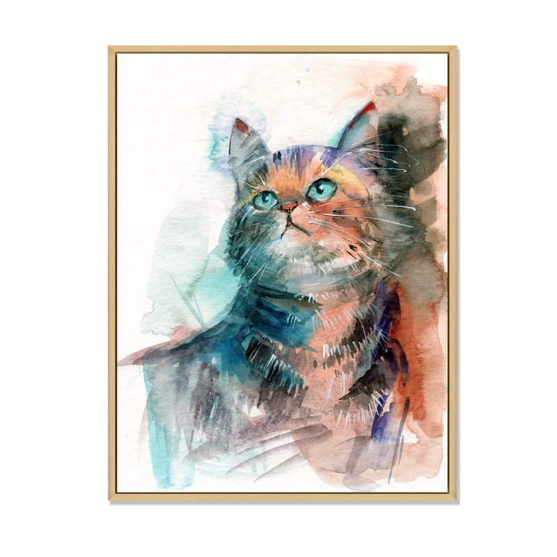 Petit chat gris aux yeux bleus - reproduction sur toile, H 20 po x l 12 po, Cadre flottant en érable