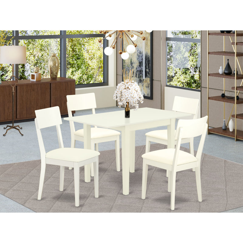 5 Piece Dining Room Table Set Includes a Rectangle Dining Table with Dropleaf and 4 Faux Leather Chairs, Linen White