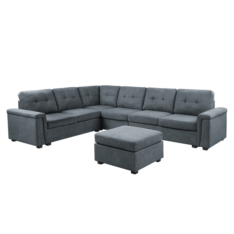 Isla 119" Gray Woven Fabric 7-Seater Sectional Sofa With Ottoman, Left Hand Facing