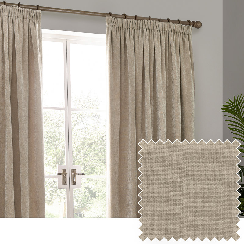 Heavy Chenille Room Darkening Pencil Pleat Curtains, Natural, 117 W x 183 D cm