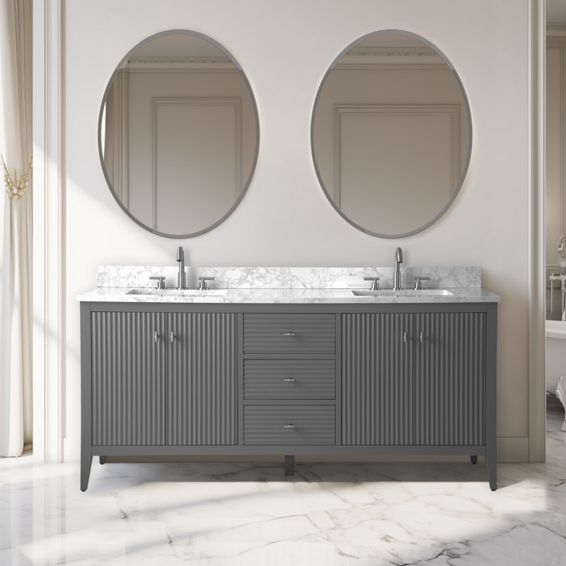 Meuble-lavabo double 72 po avec plateau en marbre, Nickel brossé, Gris cachemire linéaire