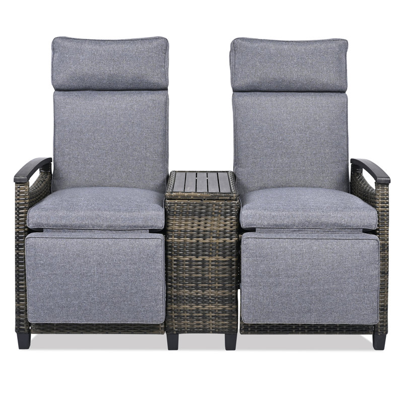 Patio Recliner Loveseat Chair with Adjustable Backrest and Built-in Storage Table, Grey