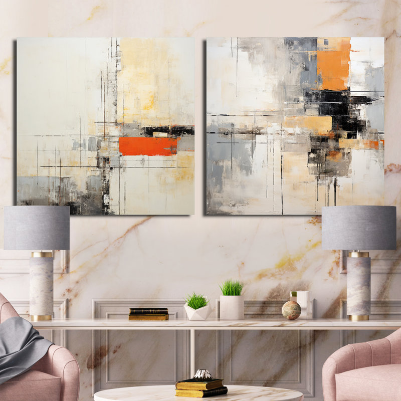 Collage abstrait pêche gris - Ensemble de 2 collages abstraits carrés, Toile tendue, H 16 po x l 33 po