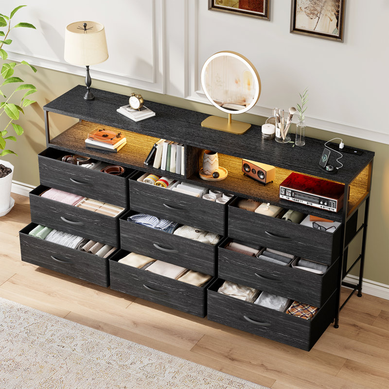 55” W 9 Drawer Dresser With 2-tier Open Shelf, Bedroom Dresser With Power Outlet & Led Light, Black