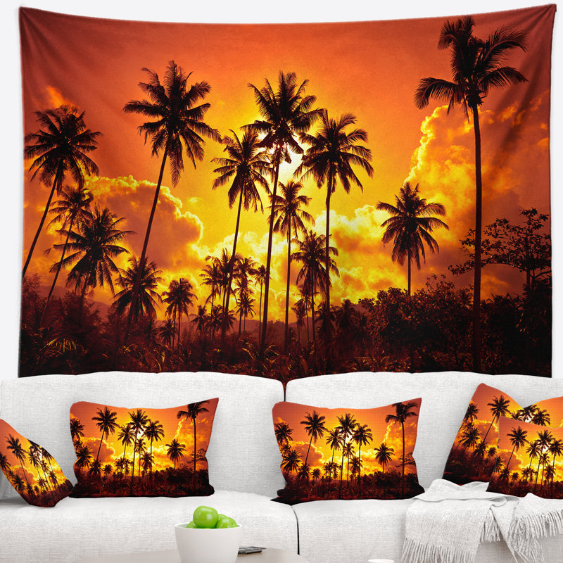 Paysage avec cocotiers et ciel jaune, H 68 po x l 80 po