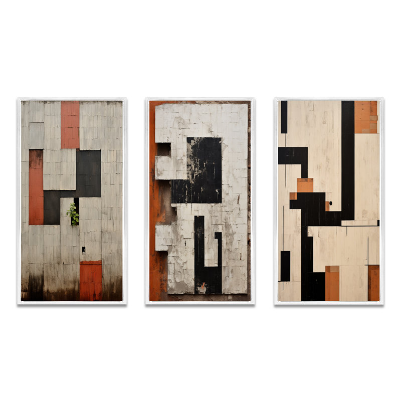 "New ordre élémentaire noir blanc minimalisme" 3 - pièces sur toile, H 28 po x l 36 po, Cadre flottant blanc