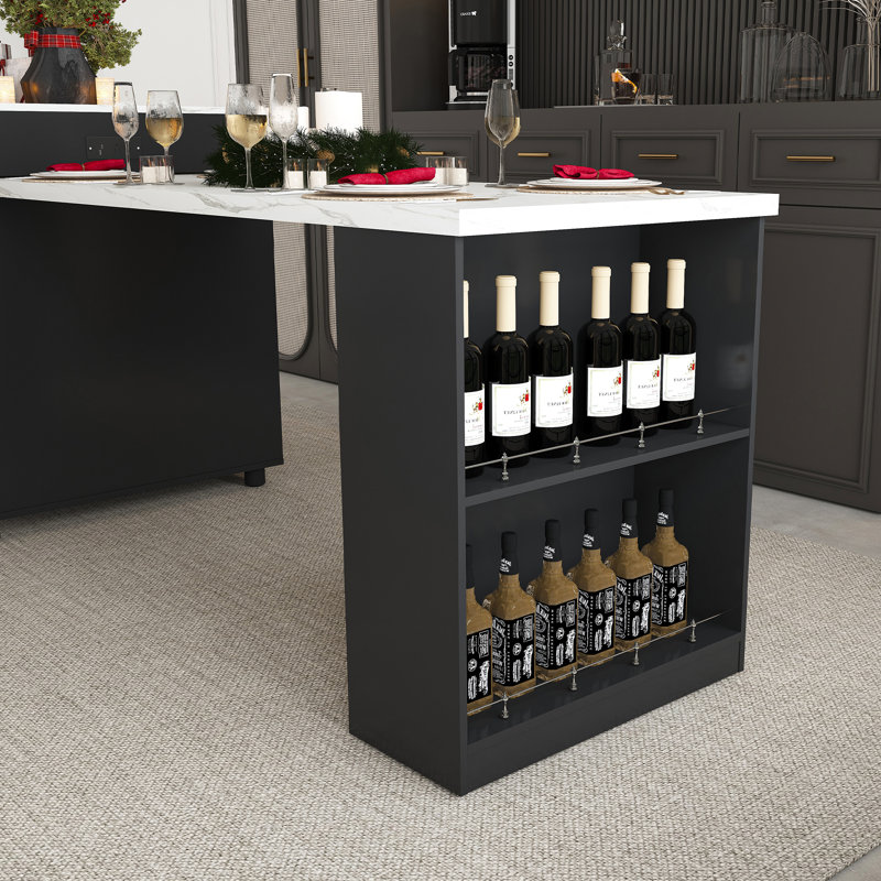 Expandable Kitchen Island With Dining Table, Black/White Marble