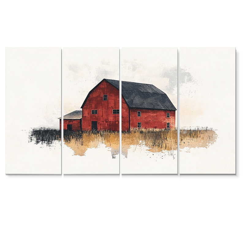 Paysage de grange rustique rouge et noir I - ensemble d'art mural de ferme, H 32 po x l 64 po