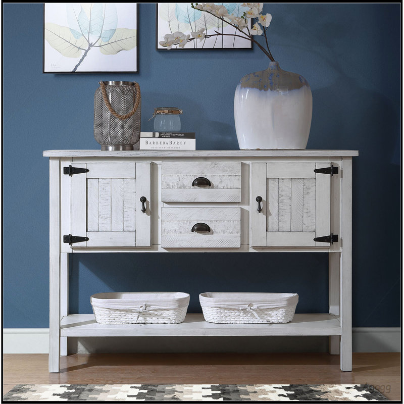 Console de 46 po en bois massif avec 2 tiroirs, armoires et tablette inférieure, armoire de rangement pour salle à manger de style rétro