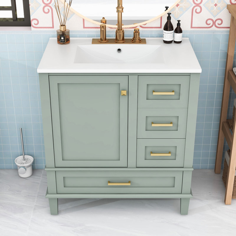 Ensemble de meuble-lavabo 30 po avec lavabo en céramique, armoire de rangement et 3 tiroirs, Vert sauge