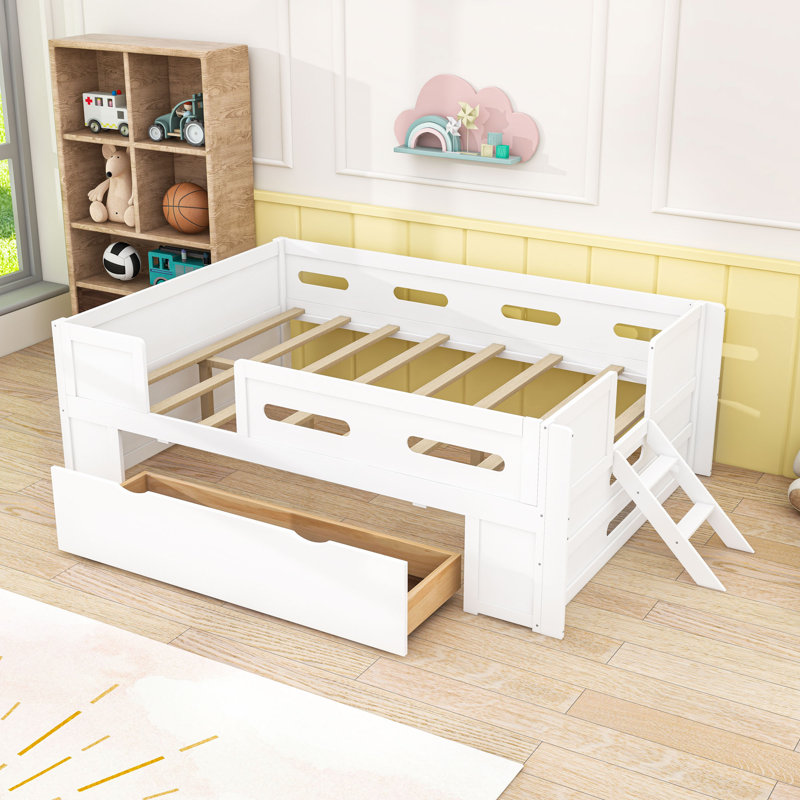 Lit plateforme avec garde-corps et tiroir de rangement, Lit double, Blanc