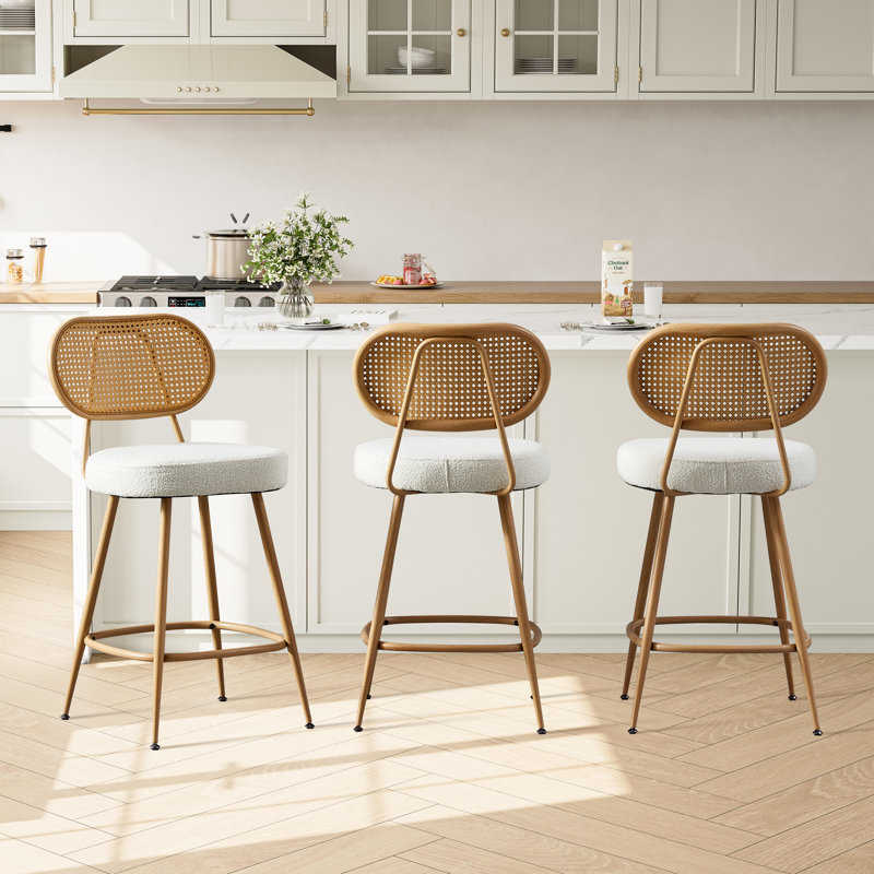 26''Modern Armless Upholstered Counter Stools With Rattan Backrest, Beige
