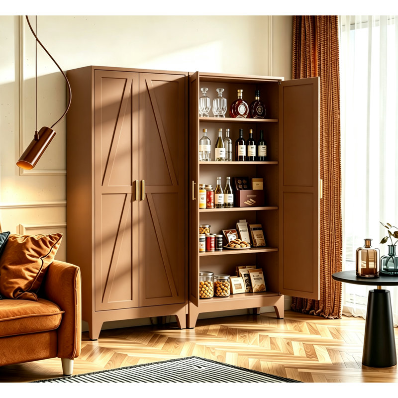 Armoire de 71 po de hauteur en métal. Armoire de rangement adaptée à la cuisine, avec 2 portes et 4 tablettes réglables. (Brun)
