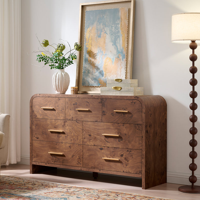 Commode à 7 tiroirs avec commode en bois l 53,82 po pour le salon de la chambre à coucher, Ronce brun foncé