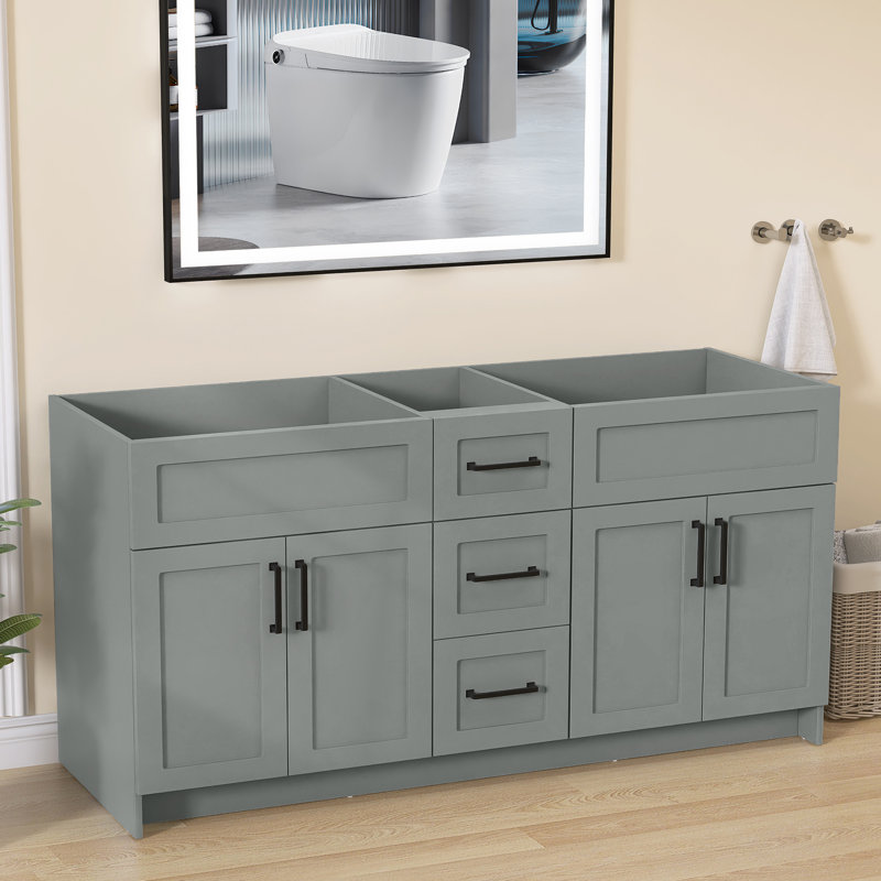 Armoire de salle de bain autoportante 72 po x P 21,5 po x H 33,44 po gris céleste sans plateau, 72"