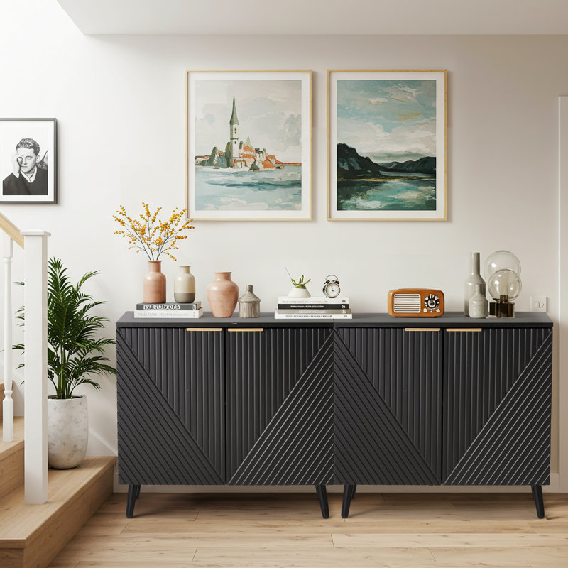 Fluted Sideboard Cabinet With Adjustable Shelves & Multifunctional Wooden Accent Cabinet With Doors, Buffet Storage, Black