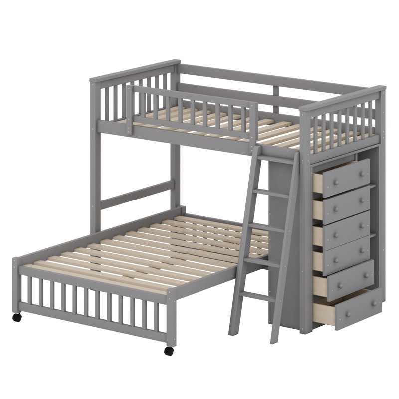 Lit superposé avec tiroirs et tablettes réglables, lit inférieur mobile sur roulettes, Gris