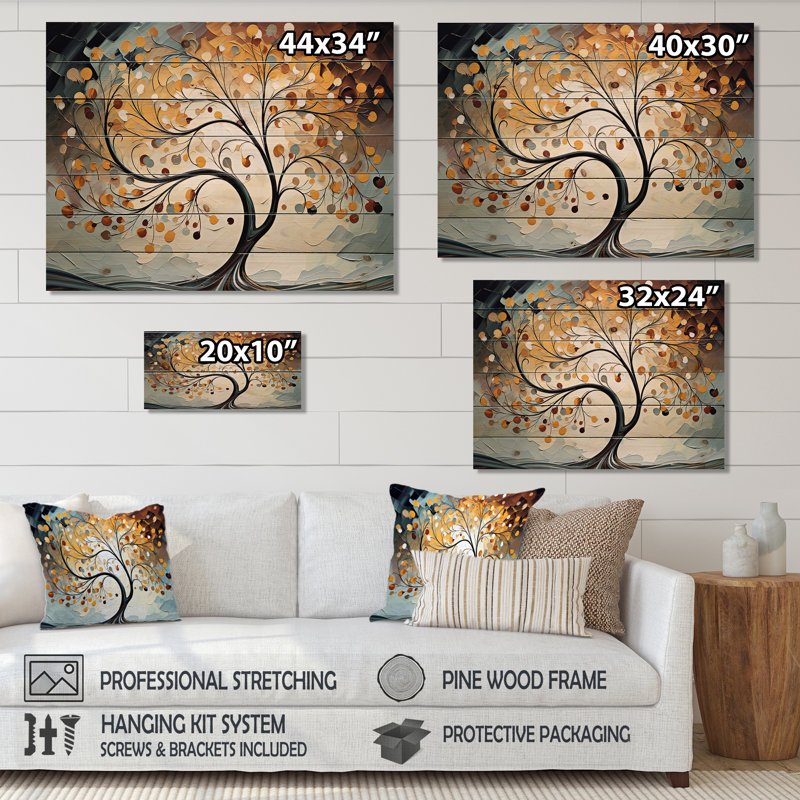 Arbre à baldaquin majestueux jaune et gris sur bois, H 10 po x l 20 po x P 0,78 po