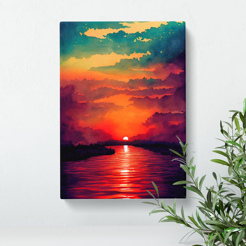 Watercolour Sunset Lake No.6 - Wrapped Canvas, 76cm H x 50cm W x 3cm D