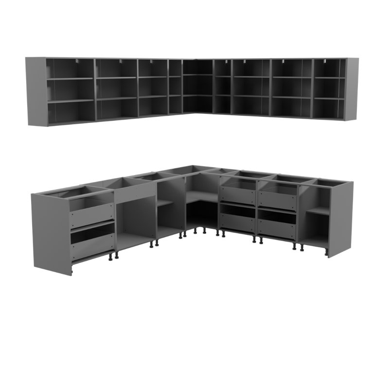 Gray Gloss and Wood Modern L-Shaped Kitchen Base Cabinets