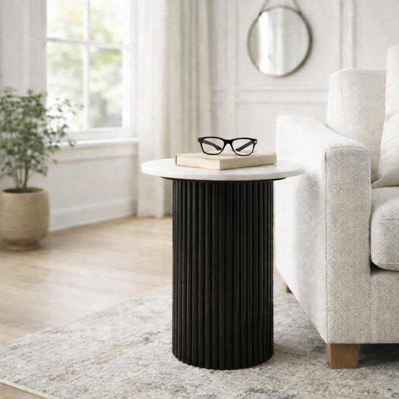 Odera Modern Round Marble Top End Side Table With Mango Wood Base For Living Room - Modern Fluted Accent For Narrow Space Styling