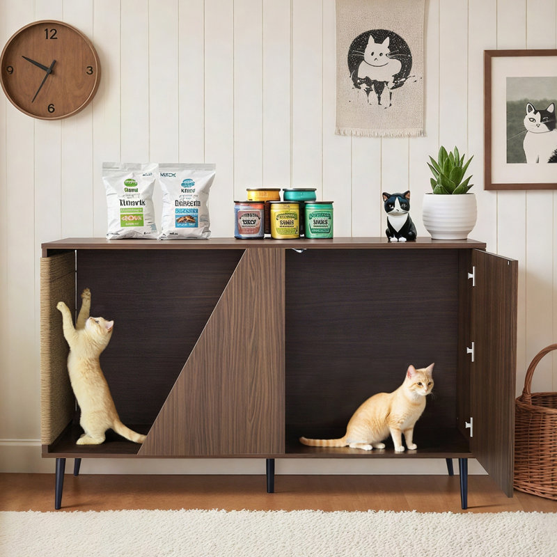 Enceinte moderne en noyer pour chat et table d'appoint avec grattoir en sisal et porte à ressort | Idée de cadeau